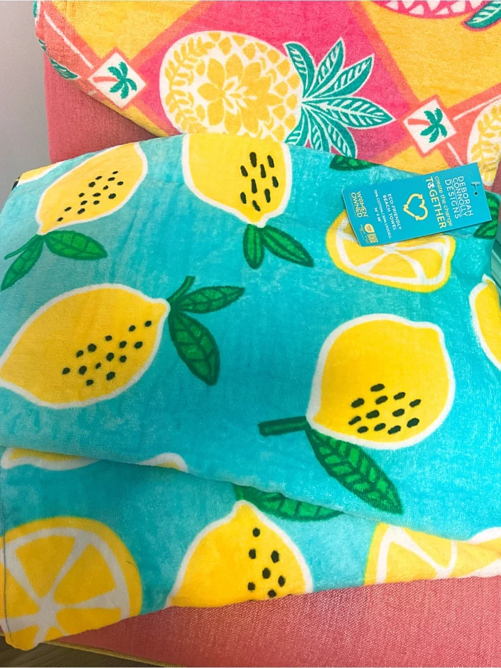 NWT! Turquoise Lemon Print Towel with Yellow Accents 36” X 68”